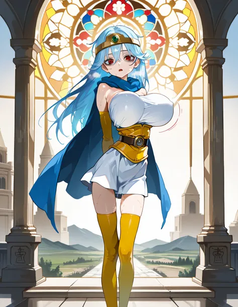 score_9, dq3sage, light blue hair, red eyes, long hair, circlet, blue cape, white dress, strapless, belt cinches underbust too tight, elbow gloves, yellow gloves, thigh gap, thighhighs, BREAK, landscape, solo, (1 skinny small girl standing at holy temple:1...