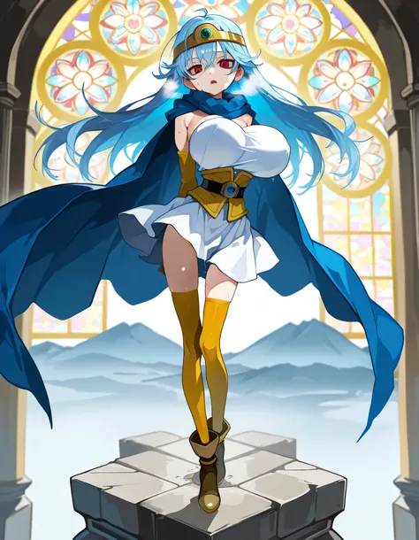 score_9, dq3sage, light blue hair, red eyes, long hair, circlet, blue cape, white dress, strapless, belt cinches underbust too tight, elbow gloves, yellow gloves, thigh gap, thighhighs, BREAK, landscape, solo, (1 skinny small girl standing at holy temple:1...