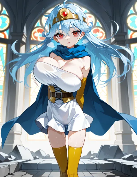 score_9, dq3sage, light blue hair, red eyes, long hair, circlet, blue cape, white dress, strapless, belt cinches underbust too tight, elbow gloves, yellow gloves, thigh gap, thighhighs, BREAK, landscape, solo, (1 skinny small girl standing at holy temple:1...