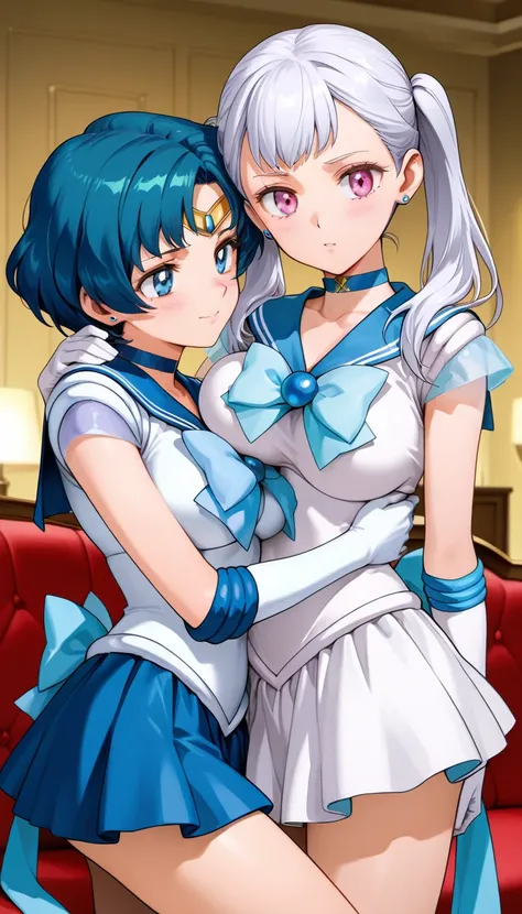 Score_9, Score_8_climb , Score_7_climb , Score_6_climb , Score_5_climb , Score_4_climb, Masterpiece, Detailed Model, Exquisite Piece, precise, 2 girls, source anime, Noelle Silva And Sailor Mercury, (Noelle Silva, double ponytail sofa background, white hai...