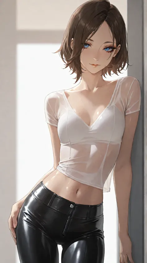 TEW2Juli, 1girl, skinny, short brown hair, blue eyes, eyeliner,   seductive,see through white shirt, tight leather pants, , score_9, score_8_up, score_7_up, score_6_up, masterpiece, best quality, very aesthetic, movie quality, depth of field,soft saturatio...
