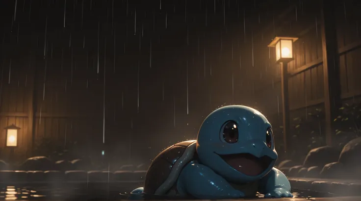 extremely sharp focus, crisp details, high resolution, low light, cinematic lighting, 4K, 8K. multiple, 3 squirtle enjoying hot spring, rain. the background has highest detail, detailed background and depth of field.
