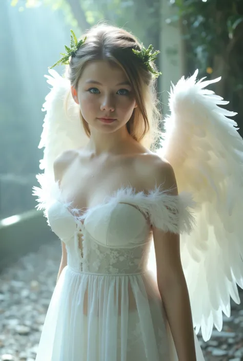 Angel, white feather wings, small breasts, adorable, beautiful, 16k uhd digital photograph, ethereal, silvery white glow, aura