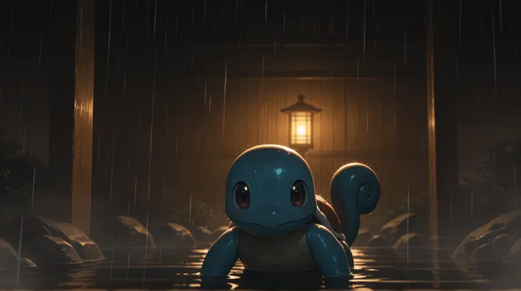 extremely sharp focus, crisp details, high resolution, low light, cinematic lighting, 4K, 8K. multiple. 3 squirtle. enjoying hot spring, rain. the background has highest detail, detailed background and depth of field.