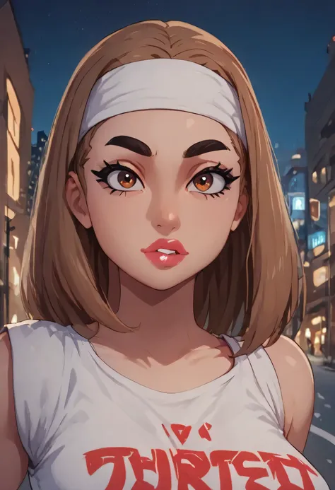 night sky, city street, perfect face, straight hair, lightest brown hair, white headband, black eyebrows, thick eyebrows, black eyeliners, big eyes, light brown eyes, bright red lips, thick lips, beautiful woman, white tank top