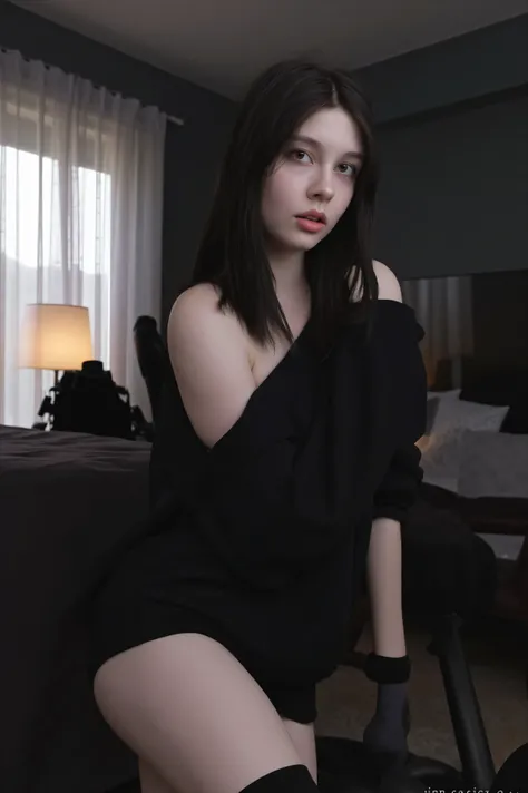 A girl named nyx age19, pale skin goth e-girl with messy black shoulder lenght hair and a slim thick body. H cup breast, huge breast, huge thigh, realistic skin texture. She is wearing an oversized black hoodie and thigh-high socks. She is sitting on a gam...