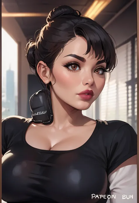 realistic, black bun hair kont top, black eyebrows, brown eyes, red thick lips, perfect face, (large breasts:1.3), white t-shirt