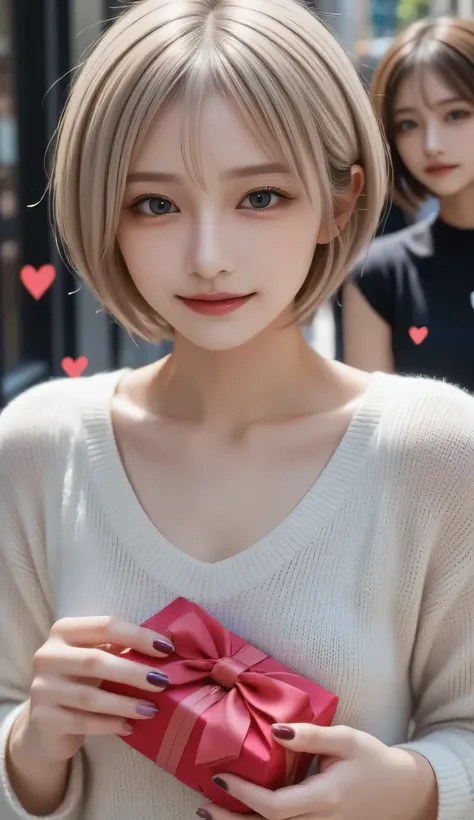 Super Detailed, absolute resolution, masterpiece.
1 woman, very short cropped up like white, glossy silk, seductive spark eye , A beautiful, revealing and shy expression, Obscene Amazing Body, Wear a fluffy brushed sweater, loose Burberry check pants, Pla...