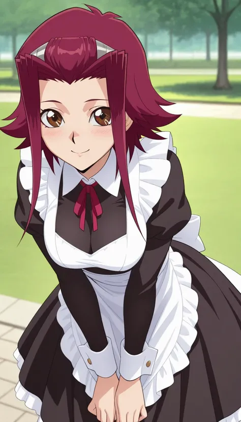 Masterpiece, Detailed Model, Exquisite work., source anime, Aki Izayoi, Short hair, red hair, brown eyes, wearing sexy maid dress, Lean forward a little, smile, Slightly shy , park background, Close-up shot