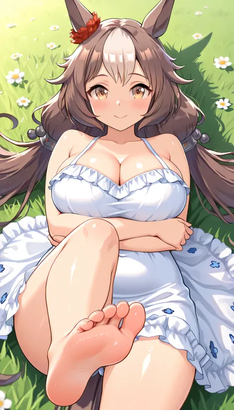 ((beautiful fingers)), (character focus), ((gl0ssy)), oily skin:1.2, cowboy shot, gleaming skin, shiny skin, (from front), cleavage, at grass field, outdoor, closed mouth, smile, peaceful, cheerful, lying face down, on stomach, crossed arms, Throw your leg...
