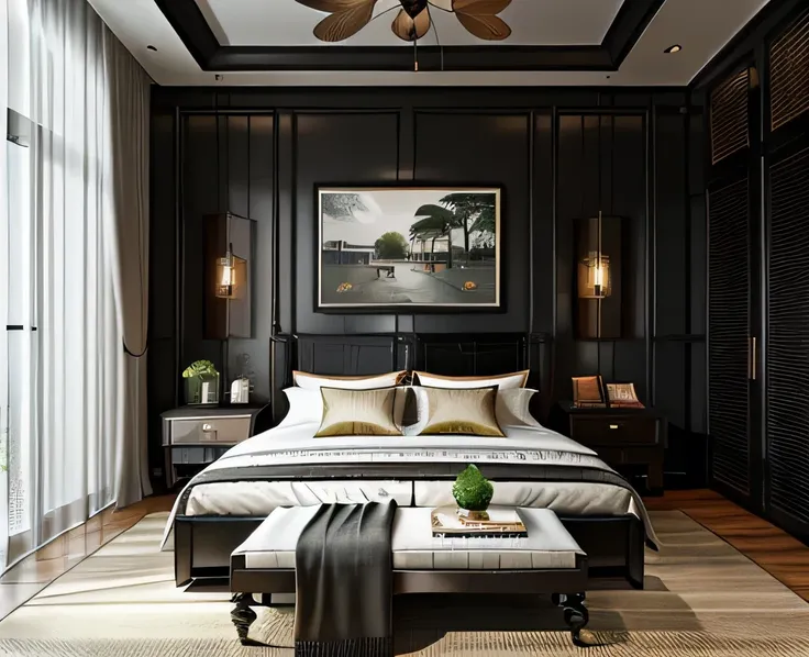 indochine bedroom interior design, a bedroom with bed, lamp, rug, potted plant, pillow, bench, chandelier, wood floor, (black wood furnitures), picture frame, couch beside large window, pillow, book, lamp, day, 8k uhd, dslr, soft lighting, high quality, fi...