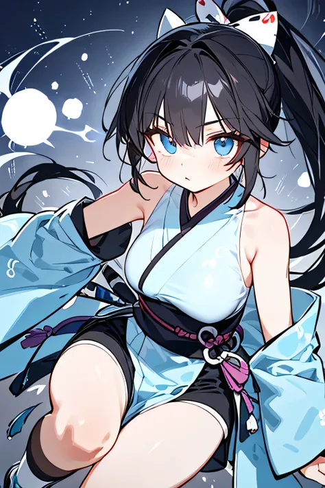 NINJA WIND，Beautiful girl，（cool x ponytail），mystical atmosphere， natural body，Hand guard，（（Ninja costume＝Sleeveless x light blue kimono x long swallow hem））shorts x spats， socks，Detailed Clothes，（Slender Body，marshmallow breasts ，），BEAUTIFUL BLACK HAIR，Bea...