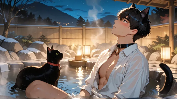 1 boy, cat ears, manhwa style, beautiful collar with bell, cute, tail in frame, embarrassed face, a little bit undressed, unbuttoned shirt, w-sitting, submissive pose, kneeling, hands on shirt, looking up, suggestive, hot springs, onsen, atmospheric, steam...