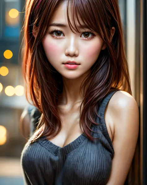 1girl, solo, looking at viewer, upper body, pink hair, red hair, multicolored hair, blurry, lips, building, city, realistic