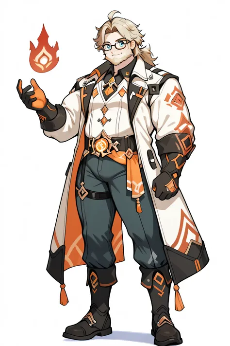 30-year-old boy, plump and tall physique,face, shaggy blond hair, full beard, blue eyes, prescription glasses, wears black and orange adventurer's clothes with a white scientist's coat, 1 Pyro Vision, has a red flames nanotech-glove with lava mechanism (Ge...