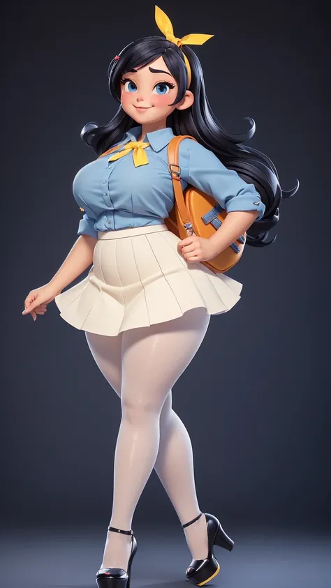 (A Stunning, Vanellope von Schweetz as an adult, . very wide hips, very thick thighs, Ultra-HD, face detailed, , blue eyeS, Wearing tranSparent yellow Short School Shirt, that I will be able to See hiS navel, Sharp focuS, iluminación natural, SubSoil DiSpe...