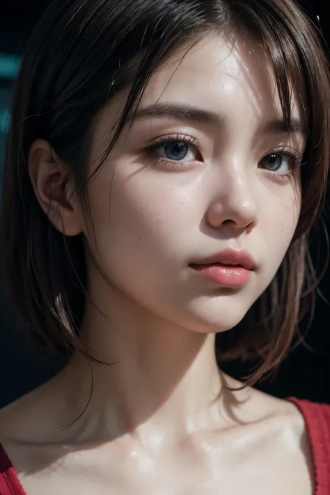 ultra realistic close up portrait,(beautiful asian female with brown eyes, shaved side haircut ，hyper detail, cinematic lighting, magic neon, summer，hyper detail，cinematic lighting