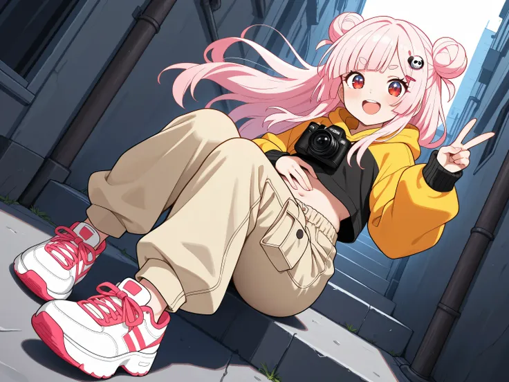 masterpiece, best quality, high resolution,4K, highly detailed, ultra detailed, ((detailed beautiful eyes)), full body, Alone, 1 girl, light pink hair, small double bun hair, half twin hair, long hair, hime cut, thin oval eyebrows, Red Eyes, ((bangs Panda ...