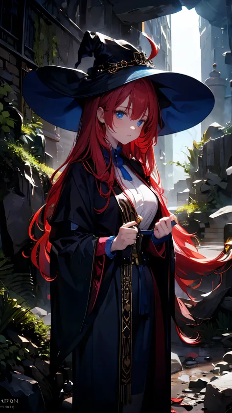A red-haired female sorceress explores the depths of a mysterious underground dungeon. She discovers an ancient grimoire resting atop a tall, waist-high crystal pedestal carved with runic symbols. The grimoire is an ornate, weathered tome bound in black le...