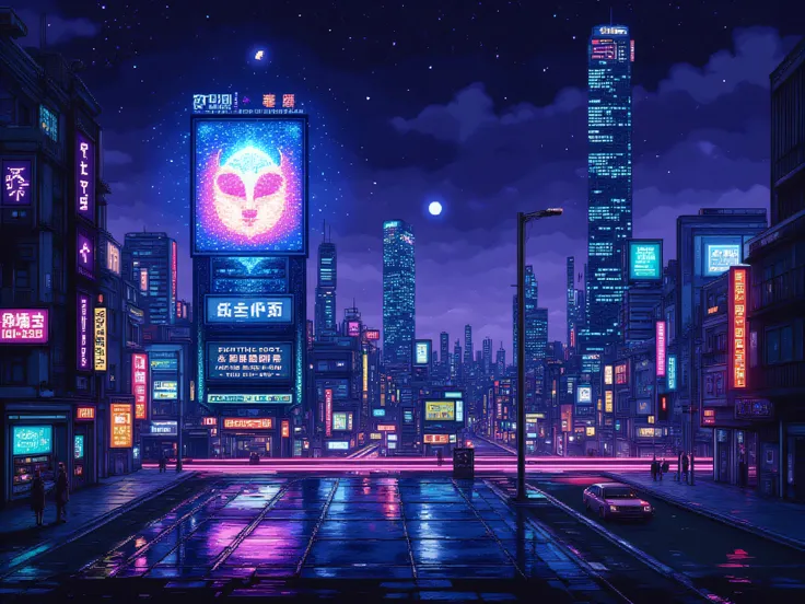 (ArsMJStyle, Pixel Art), Towering neon skyscrapers with holographic billboards flickering in Japanese, Chinese, and glitchy corporate logos (think ‘Neo-Tokyo meets Blade Runner’), A deep, moody night sky filled with a gradient of indigo and violet, scatter...