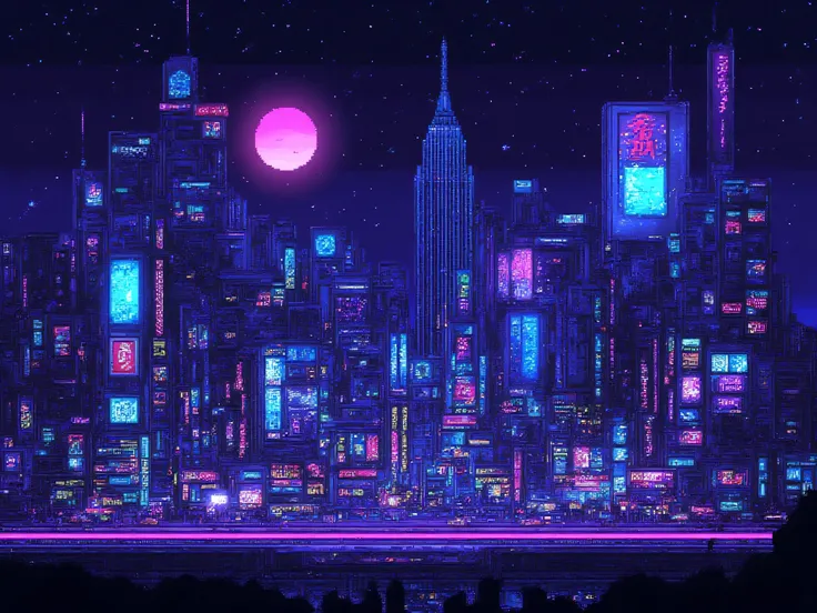 (ArsMJStyle, Pixel Art, umempart), Towering neon skyscrapers with holographic billboards flickering in Japanese, Chinese, and glitchy corporate logos (think ‘Neo-Tokyo meets Blade Runner’), A deep, moody night sky filled with a gradient of indigo and viole...