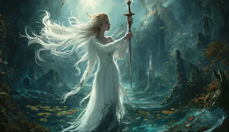 Ethereal Lady of the Lake emerging from crystal clear sacred waters, holding legendary Excalibur sword above surface, flowing white medieval gown, long flowing hair floating in water, mystical underwater castle visible below, lily pads and aquatic plants, ...