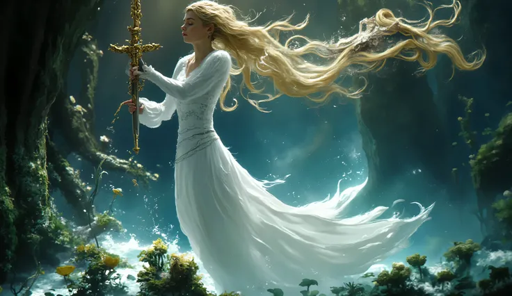 Ethereal Lady of the Lake emerging from crystal clear sacred waters, holding legendary Excalibur sword above surface, flowing white medieval gown, long flowing hair floating in water, mystical underwater castle visible below, lily pads and aquatic plants, ...