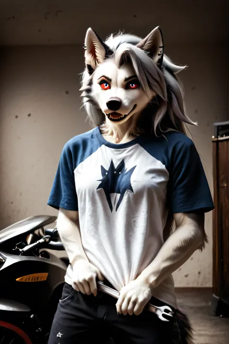Loona, furry, fluffy tail, solo, wearing (t-shirt ,Dungarees, work clothes), works in a garage, garage, repairs a motorcycle, holds a wrench in hand, clothes are slightly stained with engine oil, fluorescent lamps shine from the ceiling, high-range shot, c...
