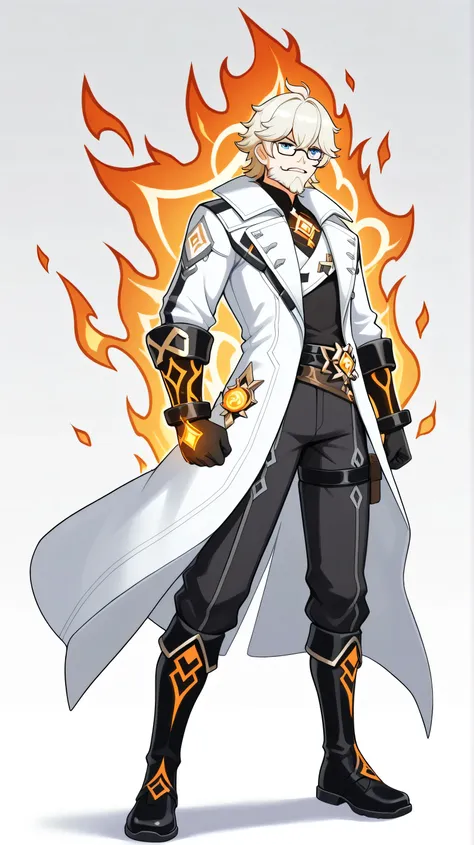 30-year-old boy, curvy physique,rip shaggy blond hair, full beard, blue eyes, prescription glasses, wears black adventurer's clothes with orange lines, white scientist's coat, (alchemist), Pyro Vision, has a orange flames nanotech-glove with lava mechanism...
