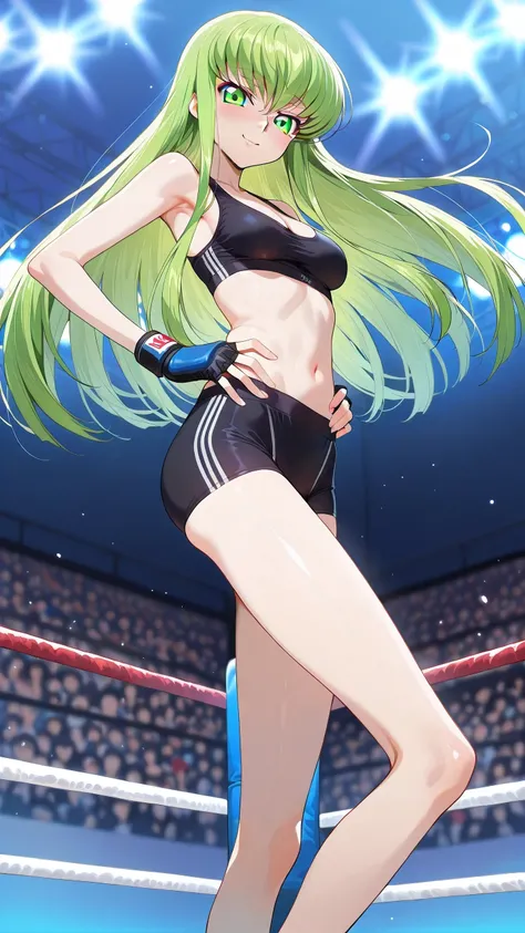 c.c., green hair, yellow eyes, long hair, , solo, Detailed eyes, black sports bra, black low leg and low rise small spats, black fingerless gloves, thigh, cleavage, slim long legs, medium breast, smile, looking down at viewer, Detailed eyes, Detailed face,...