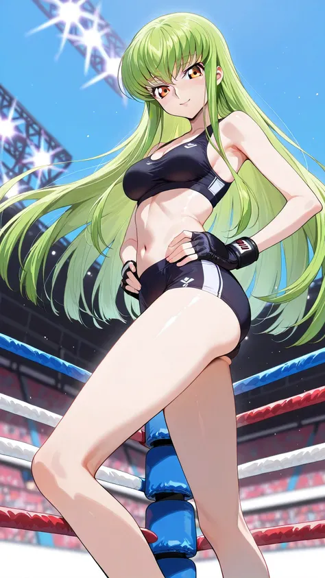 c.c., green hair, (yellow eyes), long hair, , solo, Detailed eyes, black sports bra, black low leg and low rise small spats, black fingerless gloves, thigh, cleavage, slim long legs, medium breast, smile, looking down at viewer, Detailed eyes, Detailed fac...