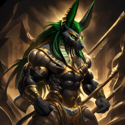 solo, (Full body:1.5), from front, standing, BREAK Anubis, Anubis in ancient Egyptian mythology, the coolest Anubis in the world, demon lord dragon batzz, BREAK Darkish green hair, waist-length hair, glossy hair, silky hair, BREAK Big eyes, slant eyes, Rou...