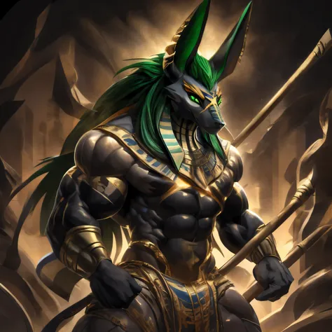 solo, (Full body:1.5), from front, standing, BREAK Anubis, Anubis in ancient Egyptian mythology, the coolest Anubis in the world, demon lord dragon batzz, BREAK Darkish green hair, waist-length hair, glossy hair, silky hair, BREAK Big eyes, slant eyes, Rou...