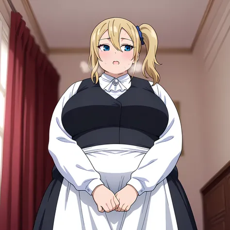 anime screencap, masterpiece, best quality,

1girl, solo, expressionless,
side ponytail, hair between eyes, long hair, blonde hair, blue eyes, hair scrunchie, blue scrunchie,
grey brooch, white ascot, black vest, white shirt, long sleeves, waist apron, whi...