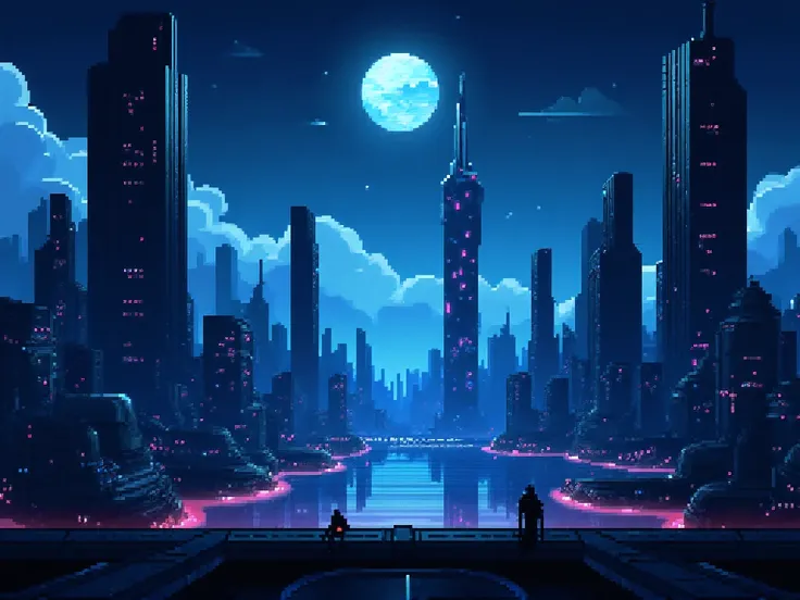 (pixel art), futuristic cityscape, gradient dark blue sky color, sky tower, sky scraper building, cyberpunk city, night sky with full moon.
