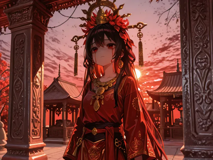 Beautiful young girl wearing a red dress, Wearing ancient Thai clothes, face up, Looking Forward, Wearing Thai bandana, Red cloth used instead of pants,Red Eyes, wearing jada, Standing in Front of Temple, Wearing a Golden Thai Rum Crown Hat, Red leaves flu...