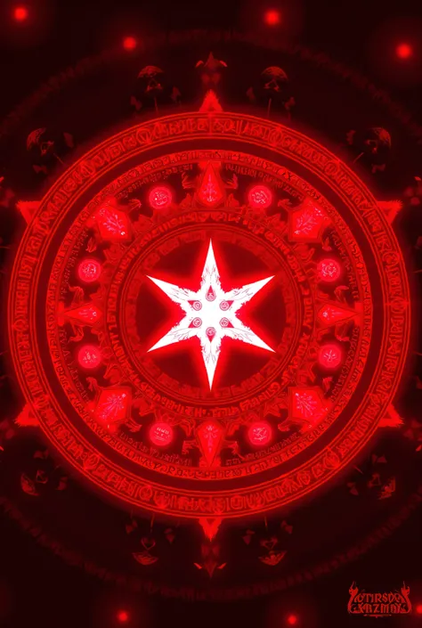 a red magic circle embodied by a 6 point star at the center and layered circles of runes