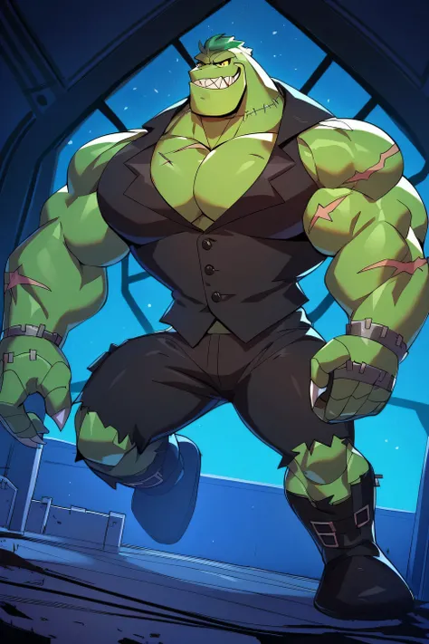 Score_9_up, score_8_up, score_7_up, 1boy, solo, bloo frankenstein monster, green skin, indoors hands, long legs, big feets, nuts on the neck, stitches on the body, scars on his body, sharp teeths, black ripped vest, ripped black pants, muscular body, ginom...