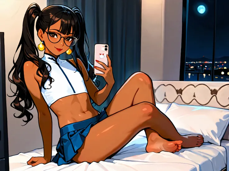 Otoko no ko, femboy, With a pleated microskirt. Sleeveless cropped top. Flat chest, Brown_eyes, eye glasses, black eyeliner, red lipstick gloss, showing the whole body, mature features, black hair, long wavy hair, long twin tails, hair bangs, brown_skin co...