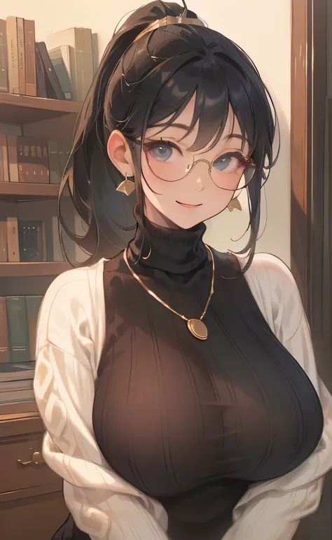 ((Big Breasts:1.6))、((( long ponytail upped:1.9、 Black Hair、Glasses、 gold necklace)))、((turtleneck white sweater:1.4))、((A cheerful expression:1.4))、 PORTRAIT、 Closeup 、 Libraries 、Wall of books 、masterpiece、Best Quality、 elaborate details 、 real、