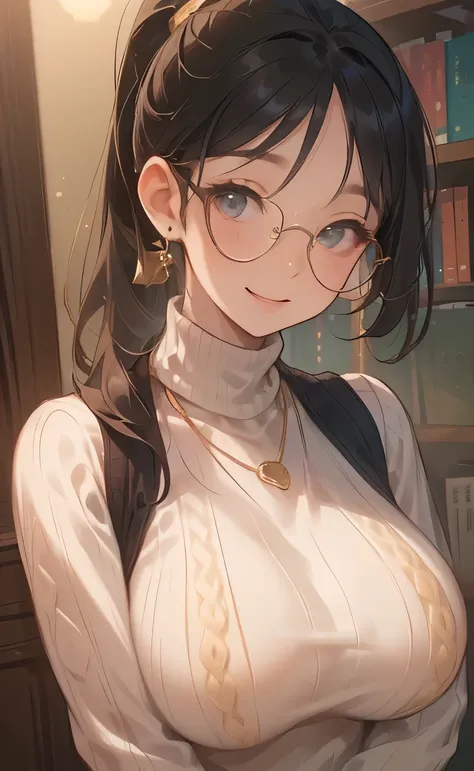 ((Big Breasts:1.6))、((( long ponytail upped:1.9、 Black Hair、Glasses、 gold necklace)))、((turtleneck white sweater:1.4))、((A cheerful expression:1.4))、 PORTRAIT、 Closeup 、 Libraries 、Wall of books 、masterpiece、Best Quality、 elaborate details 、 real、