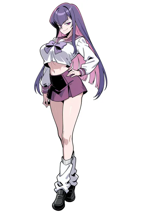 score_9, score_8_up, score_7_up, 1girl, mature, solo, smirk, long hair, bangs , straight hair, purple hair , pink highlights inner , purple eyes, violet sailor uniform, navel , short skirt, long legs , big breast , arched back , hand on hip , loose socks, ...