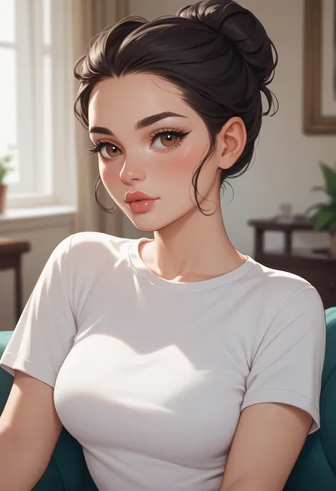 perfect face, bun top knot hair, black hair, black natural eyebrows, brown eyes, black eyeliners, blush, thick lips, beautiful woman, white t-shirt, medium breasts