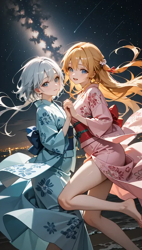 (ultra-detailed)), (highly detailed CG illustration), (best quality:1.2), ultra-highly detailed, colorful composition, artistic photoshoot, 2girls is Marika and Sena, duo focus, Yuri:1.3, (they reach out their arms and hold hands:1.4), upper boy, moe anime...