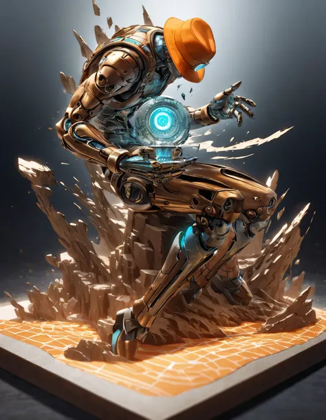 The body is in a proper position，Ultra-detailed, HDR, High Resolution, ridiculous results,Jojo's， orange frosted glass figure avatar，joints with sky blue luminous gear ring。  orange fisherman hat，hat with rotating sky blue compass。  Wear silver glitter gog...