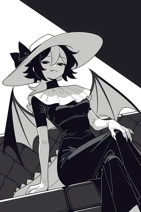 masterpiece, best quality, newest, highres,very aesthetic, absurdes, beautiful, high contrast, flat colours, ZipFPE, 1girl, solo, medium hair with ponytail, black and white hair, claws, fang, dragon tail, dragon wings, wide brim hat, white hat, floppy hat,...