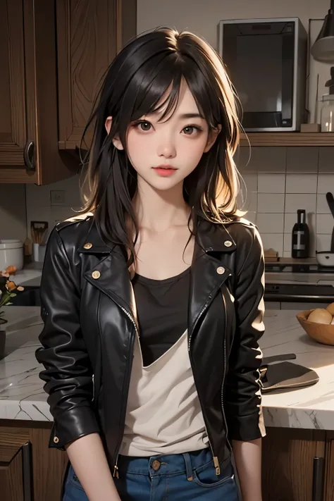 22 year old Japanese tomboy, beautiful, attractive, in apartment kitchen, dark wolfcut shoulder legnth hair,wearing only apron, naked, short height to viewer, 5 feet 2 inches tall, waking up, yawning, drowsy from sleep