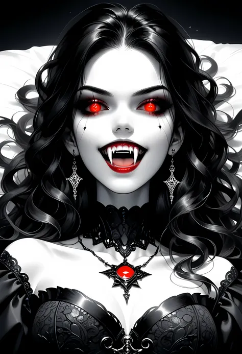 score_9, score_8_up, score_7_up, fantasy art deco, A (1960s photoshoot style black and white, only color is blue and red) glamours female vampire model shot, RAW, award winning, of an exquisite beautiful solo female vampire, ultra feminine, full body, bust...