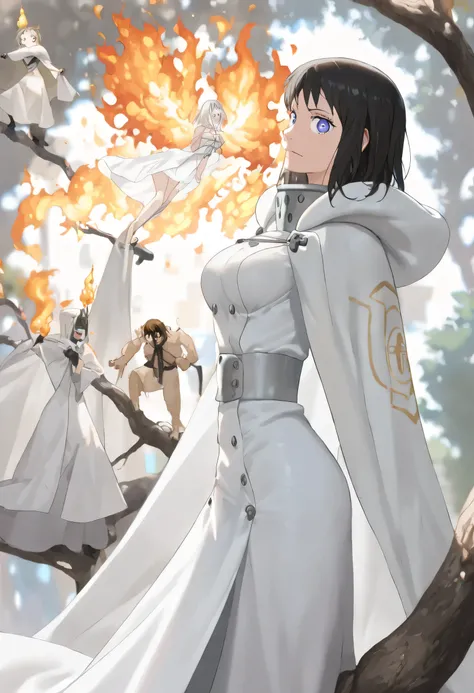 1girl,(masterpiece), best quality, perfect face, (female adult), (with a white hood covering his face like a cloth and with a cross printed in the Templar style ), (brunette medium hair "Showing half of his hair), ((White clad from fire force)), (White cla...