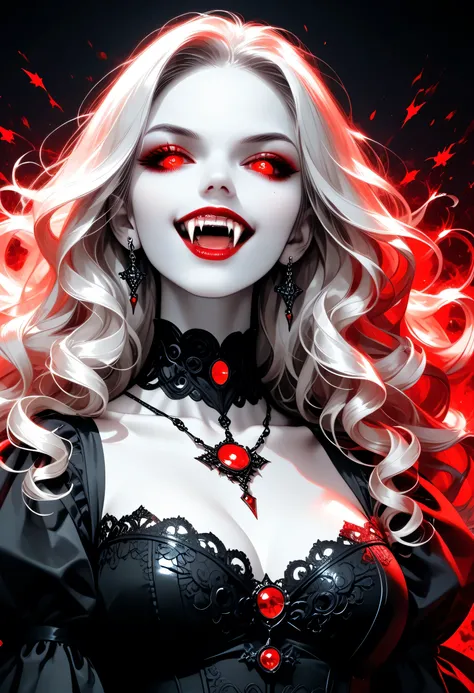 score_9, score_8_up, score_7_up, fantasy art deco, A (1960s photoshoot style black and white, only color is blue and red) glamours female vampire model shot, RAW, award winning, of an exquisite beautiful solo female vampire, ultra feminine, full body, bust...